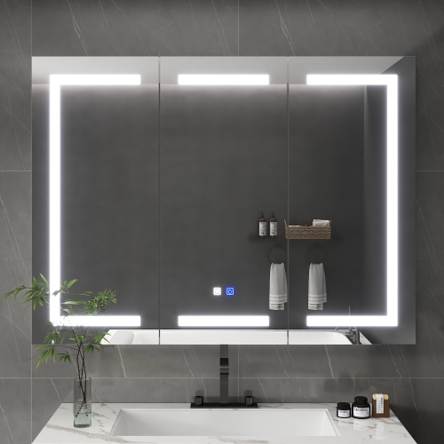 Famapy 47.2" Smart LED Bathroom Mirror Cabinet with 3 Doors, Wall-Mounted Medicine Cabinet with Storage Shelves,,White