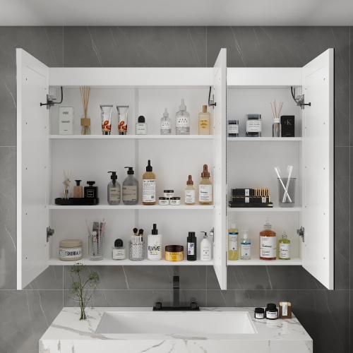 Famapy 47.2" Smart LED Bathroom Mirror Cabinet with 3 Doors, Wall-Mounted Medicine Cabinet with Storage Shelves,,White