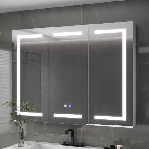 Famapy 47.2" Smart LED Bathroom Mirror Cabinet with 3 Doors, Wall-Mounted Medicine Cabinet with Storage Shelves,,White