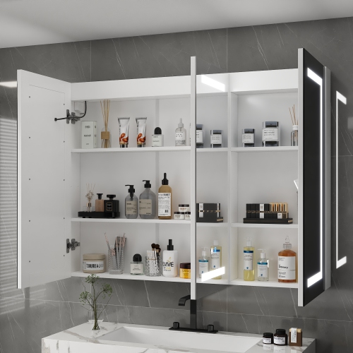 Famapy 47.2" Smart LED Bathroom Mirror Cabinet with 3 Doors, Wall-Mounted Medicine Cabinet with Storage Shelves,,White