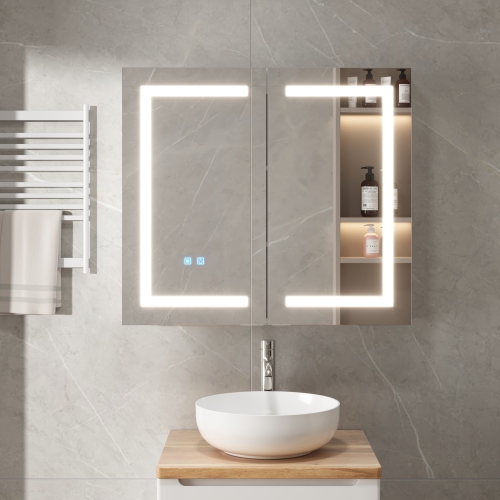 Famapy – Armoire miroir de salle de bain intelligente LED 35,4&nbsp;po, 2 portes, armoire à pharmacie murale avec tablettes de rangement, blanc