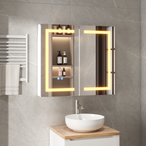 Famapy – Armoire miroir de salle de bain intelligente LED 35,4&nbsp;po, 2 portes, armoire à pharmacie murale avec tablettes de rangement, blanc