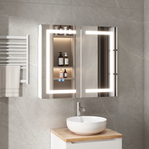 Famapy – Armoire miroir de salle de bain intelligente LED 35,4&nbsp;po, 2 portes, armoire à pharmacie murale avec tablettes de rangement, blanc