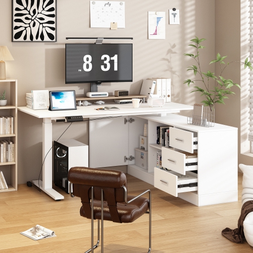 Famapy Modern L-Shaped Height Adjustable Corner Desk with Storage Cabinet, Electric Single-Motor Sit Stand Desk with Drawers & Shelves,White