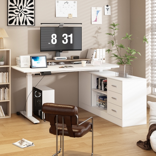 Famapy Modern L-Shaped Height Adjustable Corner Desk with Storage Cabinet, Electric Single-Motor Sit Stand Desk with Drawers & Shelves,White