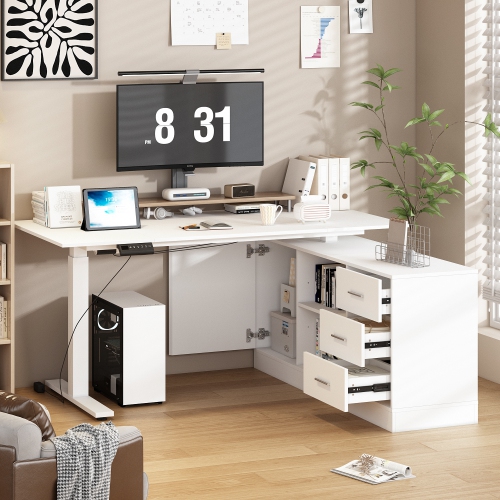Famapy Modern L-Shaped Height Adjustable Corner Desk with Storage Cabinet, Electric Single-Motor Sit Stand Desk with Drawers & Shelves,White