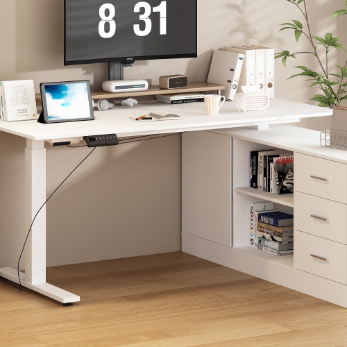 Famapy Modern L-Shaped Height Adjustable Corner Desk with Storage Cabinet, Electric Single-Motor Sit Stand Desk with Drawers & Shelves,White