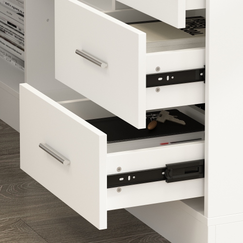 Famapy Modern L-Shaped Height Adjustable Corner Desk with Storage Cabinet, Electric Single-Motor Sit Stand Desk with Drawers & Shelves,White