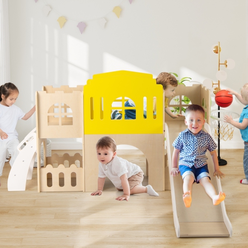 Gymax 7-in-1 Toddler Slide Set Wooden Castle-Shaped Entertainment Activity Center