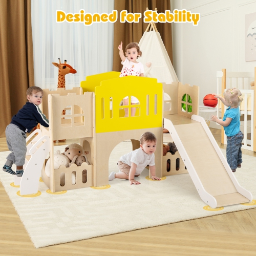 Gymax 7-in-1 Toddler Slide Set Wooden Castle-Shaped Entertainment Activity Center