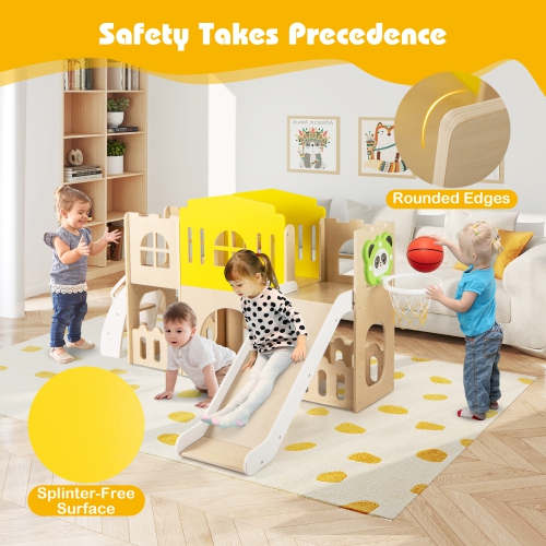 Gymax 7-in-1 Toddler Slide Set Wooden Castle-Shaped Entertainment Activity Center
