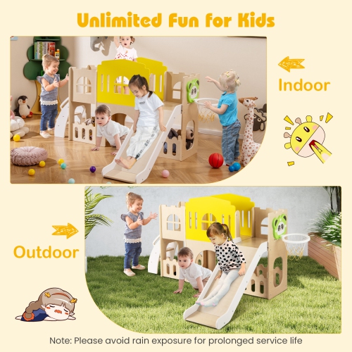 Gymax 7-in-1 Toddler Slide Set Wooden Castle-Shaped Entertainment Activity Center