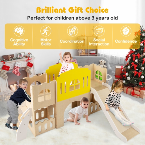 Gymax 7-in-1 Toddler Slide Set Wooden Castle-Shaped Entertainment Activity Center