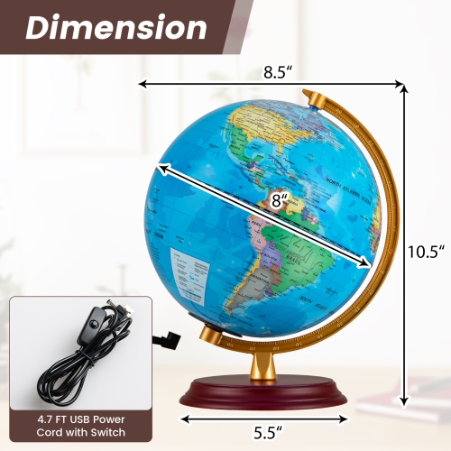 Gymax 8 Inch Illuminated World Globe Night Light up Globe Lamp Wooden Stand & HD Map
