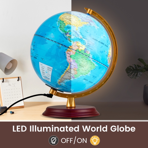 Gymax 8 Inch Illuminated World Globe Night Light up Globe Lamp Wooden Stand & HD Map