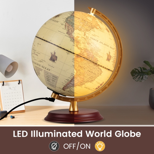 Gymax 8 Inch Illuminated World Globe Night Light up Globe Lamp Wooden Stand & HD Map