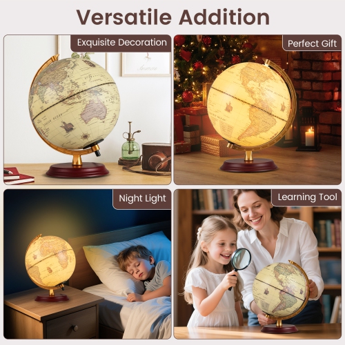Gymax 8 Inch Illuminated World Globe Night Light up Globe Lamp Wooden Stand & HD Map