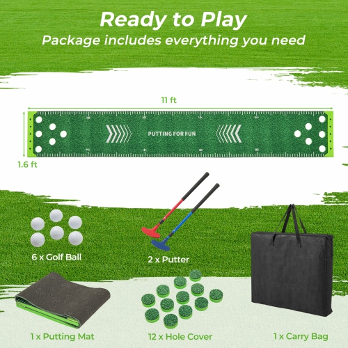 Gymax Golf Game Set 11 FT Putting Green Mat w/ 2 Adjustable Putters 6 Balls
