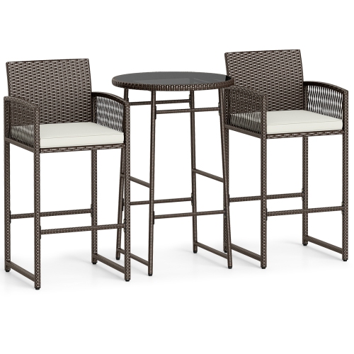 Gymax 3 Piece Wicker Patio Bar Set w/ 2 Seat Cushions Glass Tabletop for Backyard