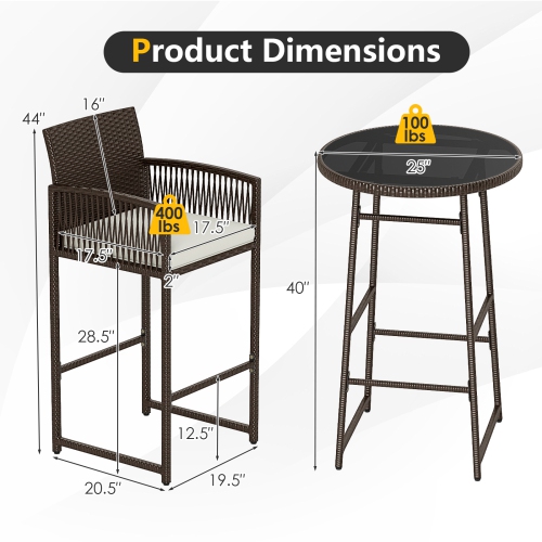 Gymax 3 Piece Wicker Patio Bar Set w/ 2 Seat Cushions Glass Tabletop for Backyard