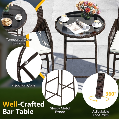 Gymax 3 Piece Wicker Patio Bar Set w/ 2 Seat Cushions Glass Tabletop for Backyard