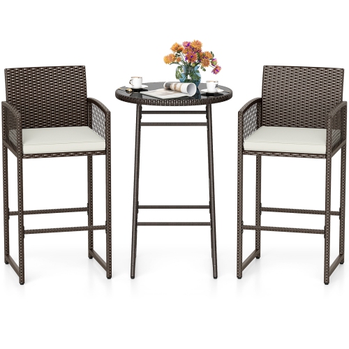 Gymax 3 Piece Wicker Patio Bar Set w/ 2 Seat Cushions Glass Tabletop for Backyard