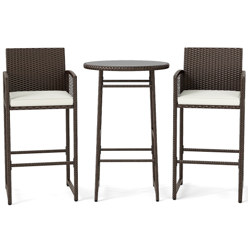 Gymax 3 Piece Wicker Patio Bar Set w/ 2 Seat Cushions Glass Tabletop for Backyard