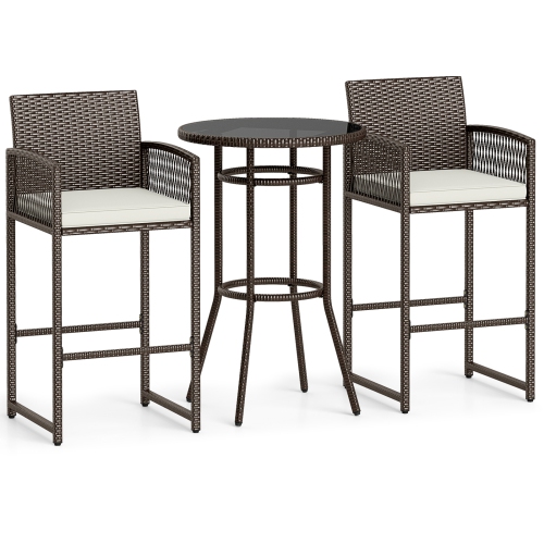 Gymax 3 Piece Wicker Patio Bar Set w/ 2 Seat Cushions Glass Tabletop for Backyard