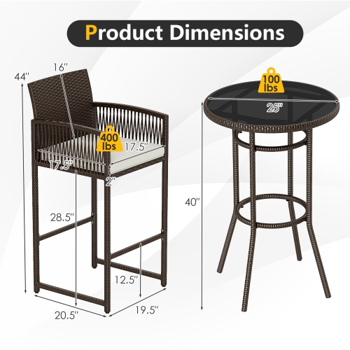 Gymax 3 Piece Wicker Patio Bar Set w/ 2 Seat Cushions Glass Tabletop for Backyard