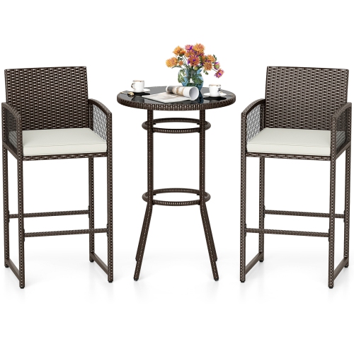 Gymax 3 Piece Wicker Patio Bar Set w/ 2 Seat Cushions Glass Tabletop for Backyard