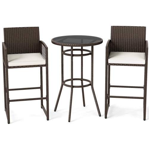 Gymax 3 Piece Wicker Patio Bar Set w/ 2 Seat Cushions Glass Tabletop for Backyard