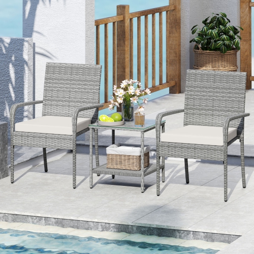 Gymax 3 Pieces Patio Furniture Set PE Rattan Porch Chairs w/ 2-Tier Table