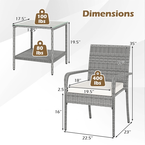 Gymax 3 Pieces Patio Furniture Set PE Rattan Porch Chairs w/ 2-Tier Table