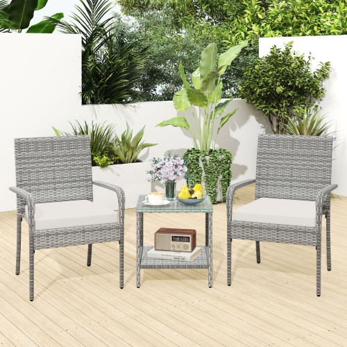 Gymax 3 Pieces Patio Furniture Set PE Rattan Porch Chairs w/ 2-Tier Table