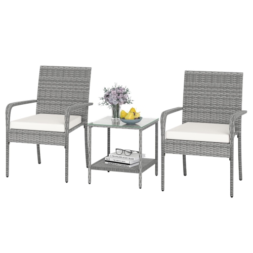 Gymax 3 Pieces Patio Furniture Set PE Rattan Porch Chairs w/ 2-Tier Table