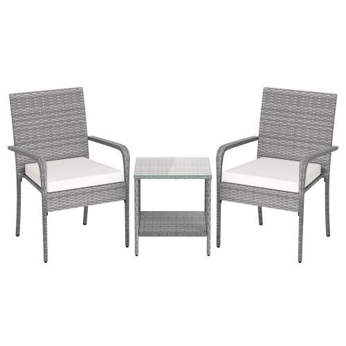 Gymax 3 Pieces Patio Furniture Set PE Rattan Porch Chairs w/ 2-Tier Table