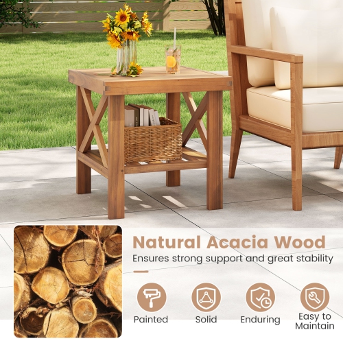 Gymax 2PCS Outdoor Side Table Acacia Wood Adirondack Table w/ Storage Shelf Natural