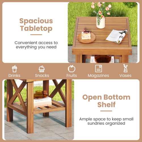 Gymax 2PCS Outdoor Side Table Acacia Wood Adirondack Table w/ Storage Shelf Natural