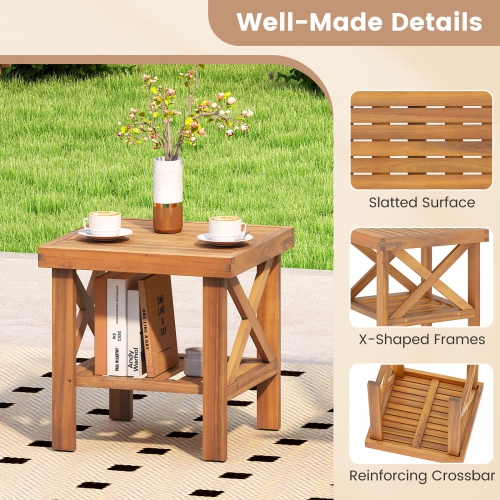 Gymax 2PCS Outdoor Side Table Acacia Wood Adirondack Table w/ Storage Shelf Natural