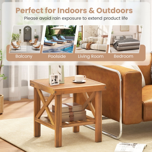 Gymax 2PCS Outdoor Side Table Acacia Wood Adirondack Table w/ Storage Shelf Natural