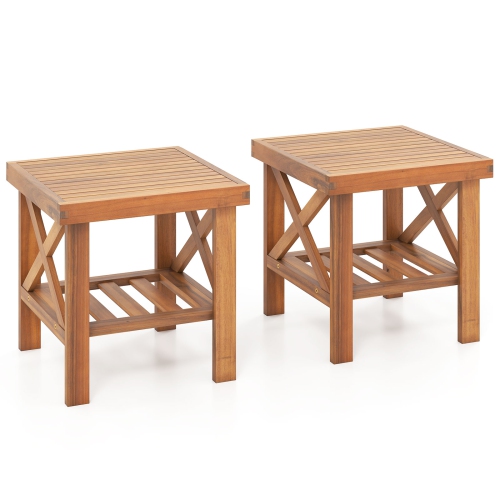 Gymax 2PCS Outdoor Side Table Acacia Wood Adirondack Table w/ Storage Shelf Natural