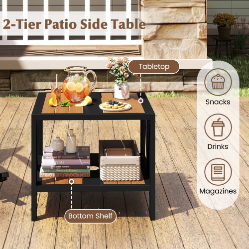 Gymax Outdoor Side Table 2-Tier Coffee End Table w/ 1.57'' Umbrella Hole Storage Shelf