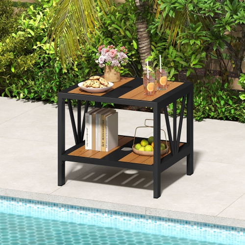 Gymax 2PCS Outdoor Side Table 2-Tier Coffee End Table w/ 1.57'' Umbrella Hole Storage Shelf