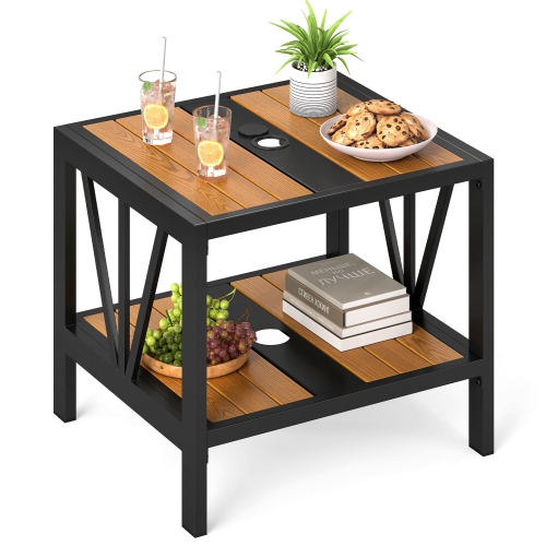 Gymax 2PCS Outdoor Side Table 2-Tier Coffee End Table w/ 1.57'' Umbrella Hole Storage Shelf