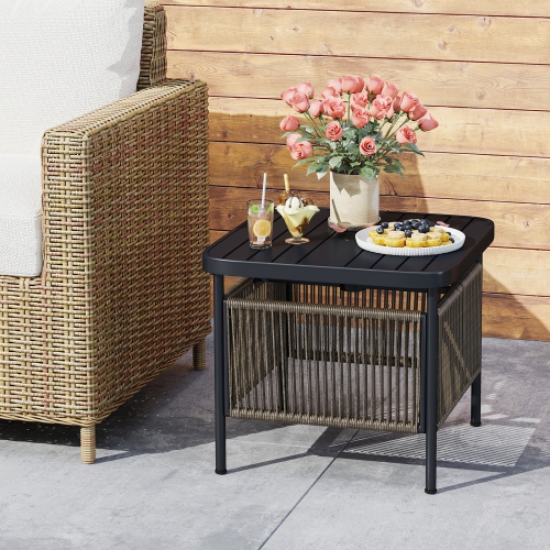 Gymax Outdoor PE Rattan Side Table w/ 1.57'' Umbrella Hole Square Patio End Table