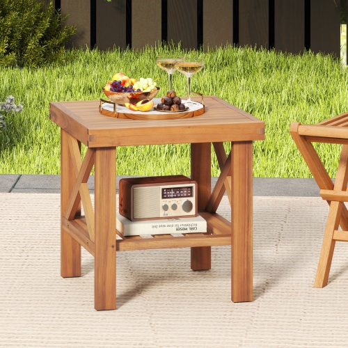 Gymax Outdoor Side Table Acacia Wood Adirondack Table w/ Storage Shelf Natural