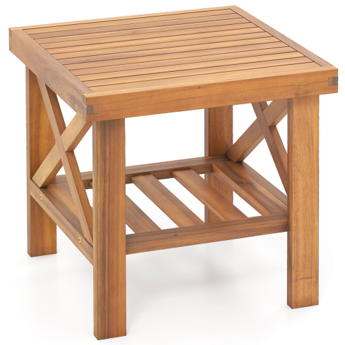 Gymax Outdoor Side Table Acacia Wood Adirondack Table w/ Storage Shelf Natural