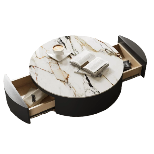 Table basse ronde de 35&nbsp;po en pierre frittée en tambour de POVISON avec espace de rangement et tiroirs noirs