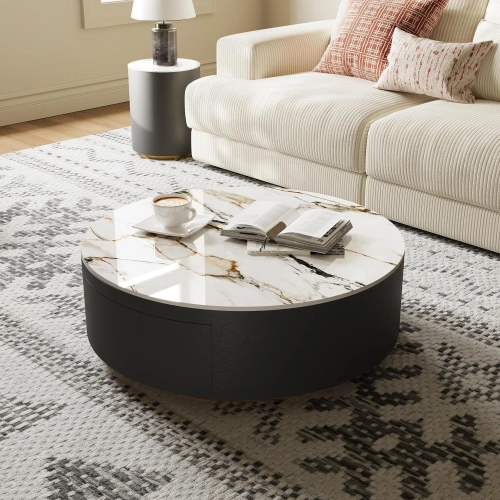 Table basse ronde de 35&nbsp;po en pierre frittée en tambour de POVISON avec espace de rangement et tiroirs noirs