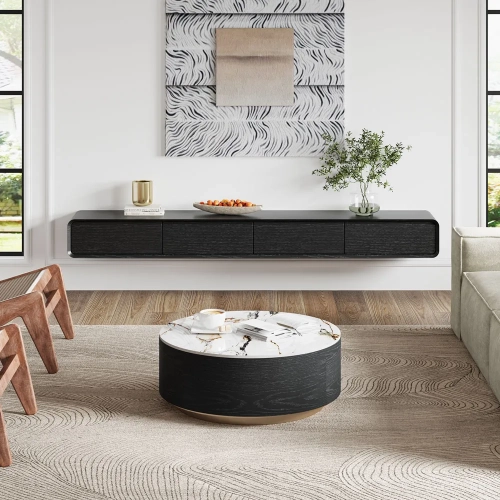 Table basse ronde de 35&nbsp;po en pierre frittée en tambour de POVISON avec espace de rangement et tiroirs noirs